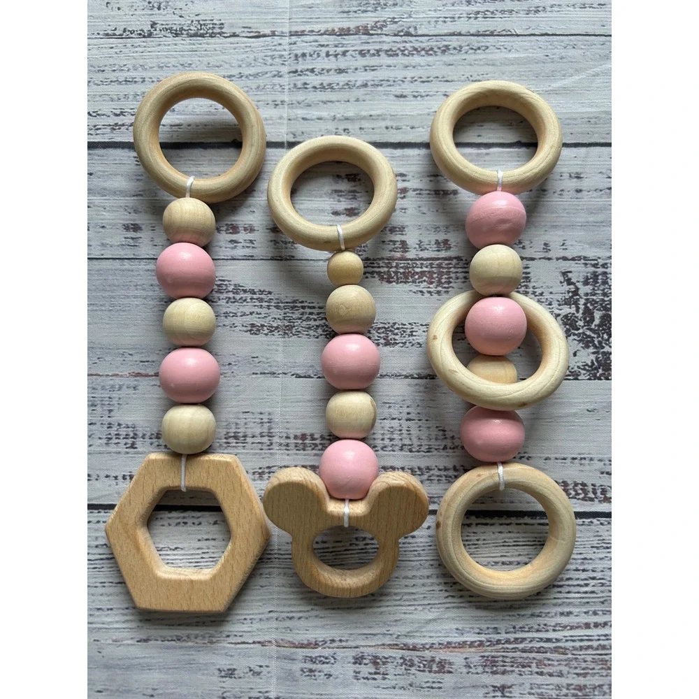 Wooden Teether Set Kids Pink Natural Wood 3 Piece Set Mickey Ears